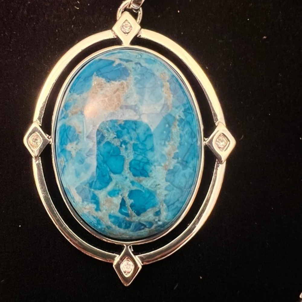 WHBM Blue Stone Long Pendant Necklace Silver Tone Boho Coastal Whimsigoth